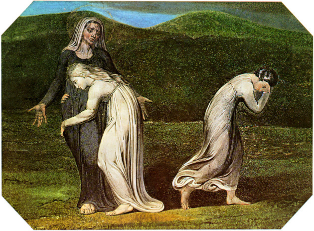 A 1795 William Blake painting of Naomi asking Ruth and Orpah to go back to Moab.
