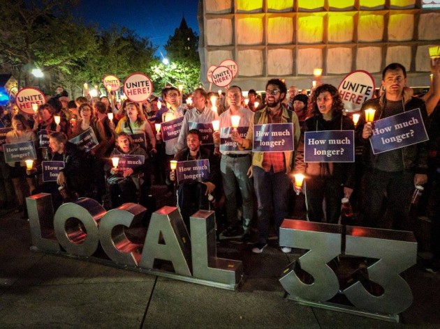 Yale University graduate students at a vigil for the hunger fast. (Photo from Local 33-Unite Here's Facebook page). 