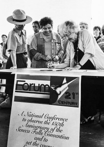 Betty Friedan signing the renewed Declaration of Sentiments at Seneca Falls, September, 1977. 