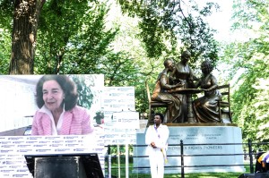 Pictured in the video presented at the unveiling is a descendant  of Susan B. Anthony, who says,  this statue represents generations of women who have fought for equal rights and are still fighting today. Most importantly we hope that younger women carry on our mission. Thank you so much for making this such a special day/Remember get out there and vote, as a human right