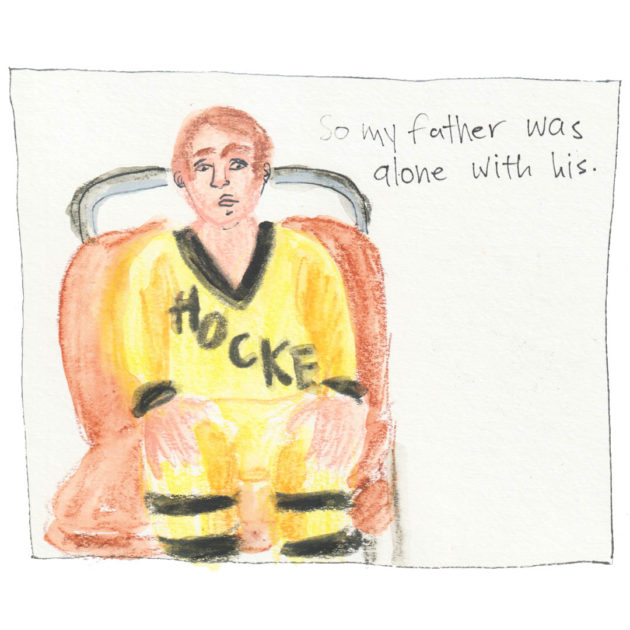 Panel with illustration of sitting boy with yellow hockey jersey. Text says: So my father was alone with his.