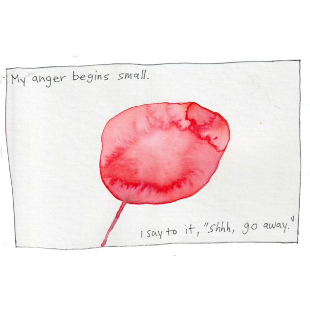 Panel with illustration of a watercolor red circle with a line going to the bottom of the panel. Text says: My anger begins small. I say to it, "shhh, go away."