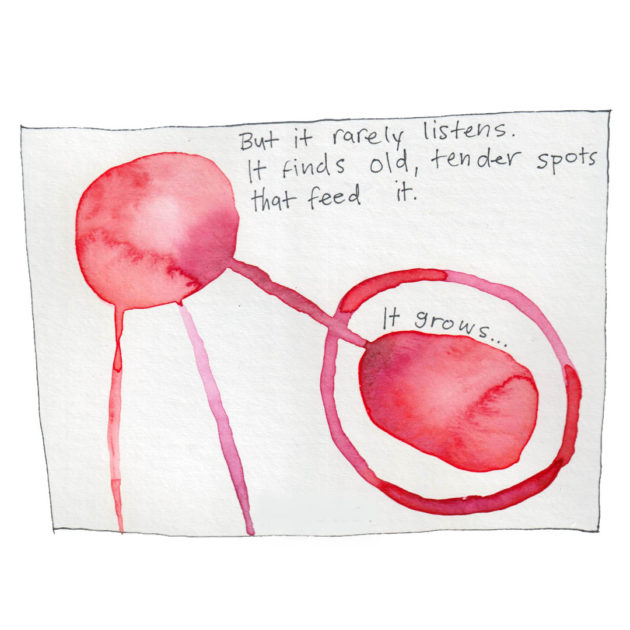 Red watercolor circle grows to two in the panel, with intersecting lines. The text says: But it rarely listens. It finds old, tenter spots that feed it. It grows...